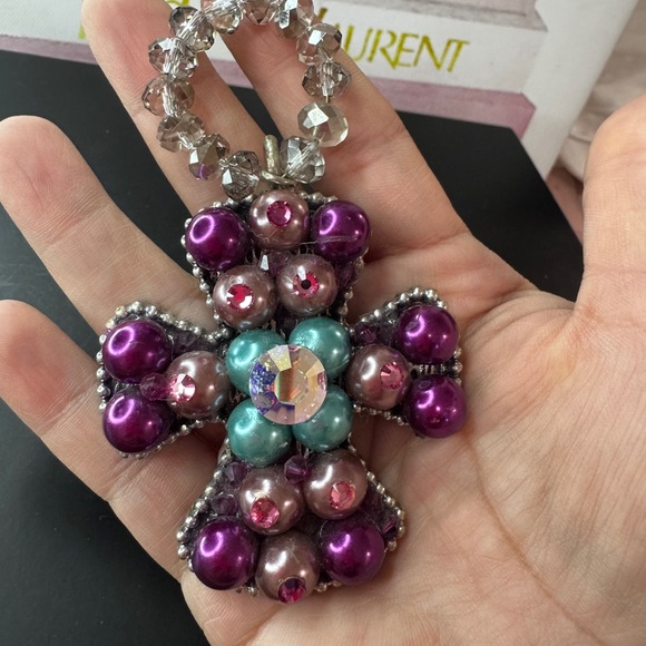 Vintage Beaded Cross Pendant with Crystal Bead Loop – Statement Jewelry - Picture 4 of 5